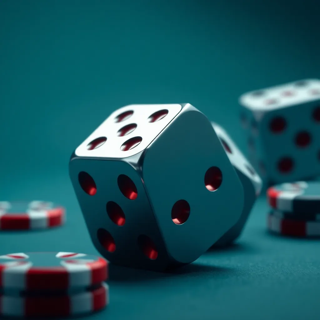 architectural close up of metallic casino dice with crisp red and white geometric edges