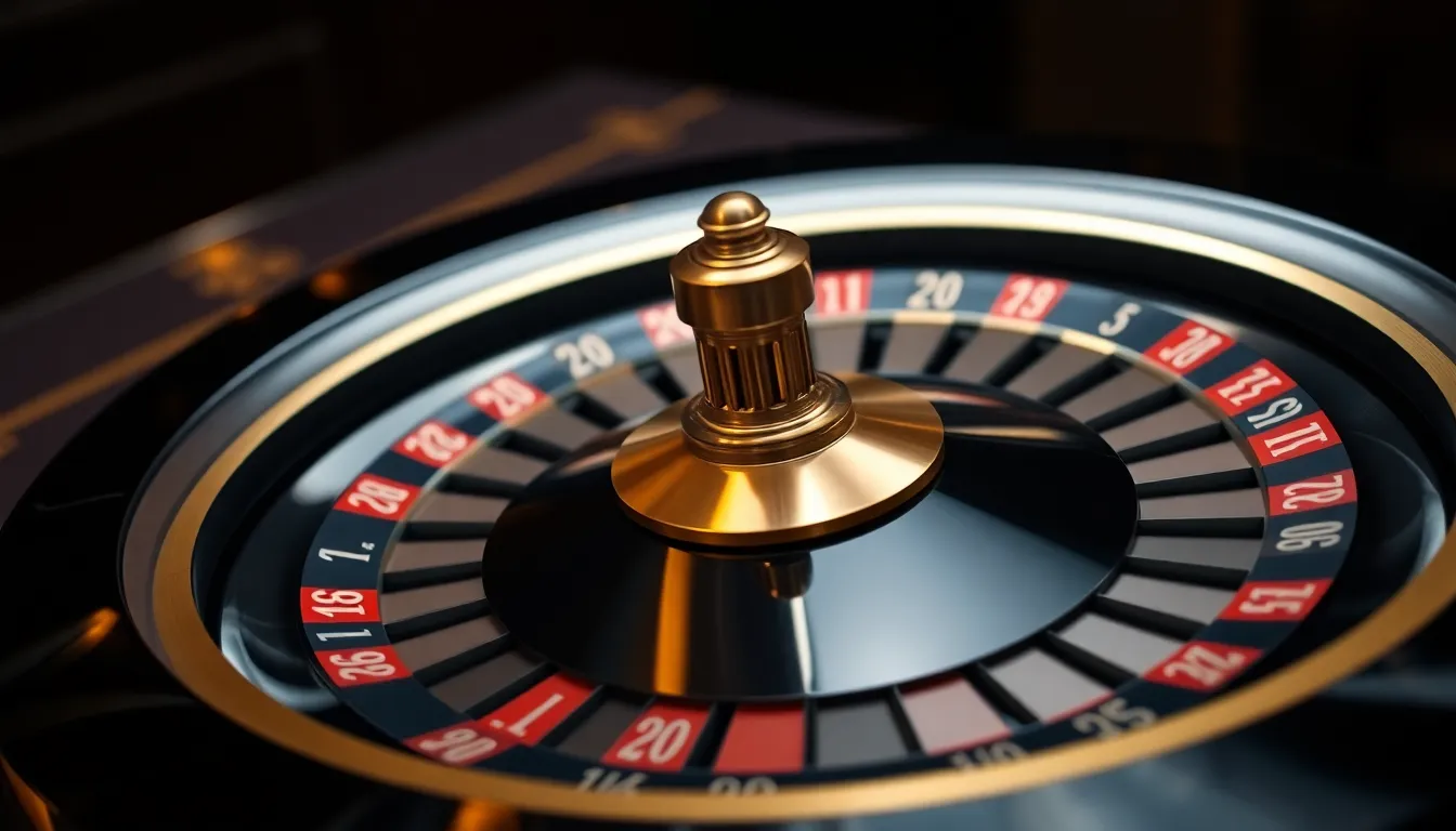 Bespoke handcrafted obsidian casino roulette wheel with brushed brass wheel head and ceramic ball track in ambient lighting