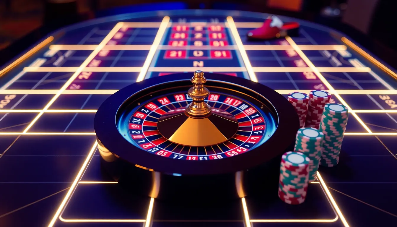 high-end casino roulette table with glowing geometric grid lines, numbered brass wheel, stacked color chips and live card shoe