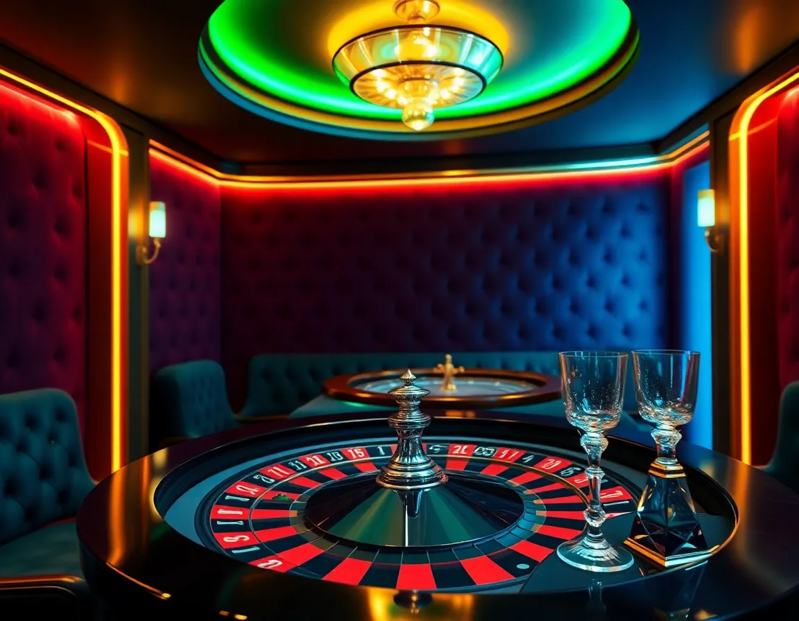 luxurious velvet VIP casino lounge with private roulette table and crystal glassware under warm downlights