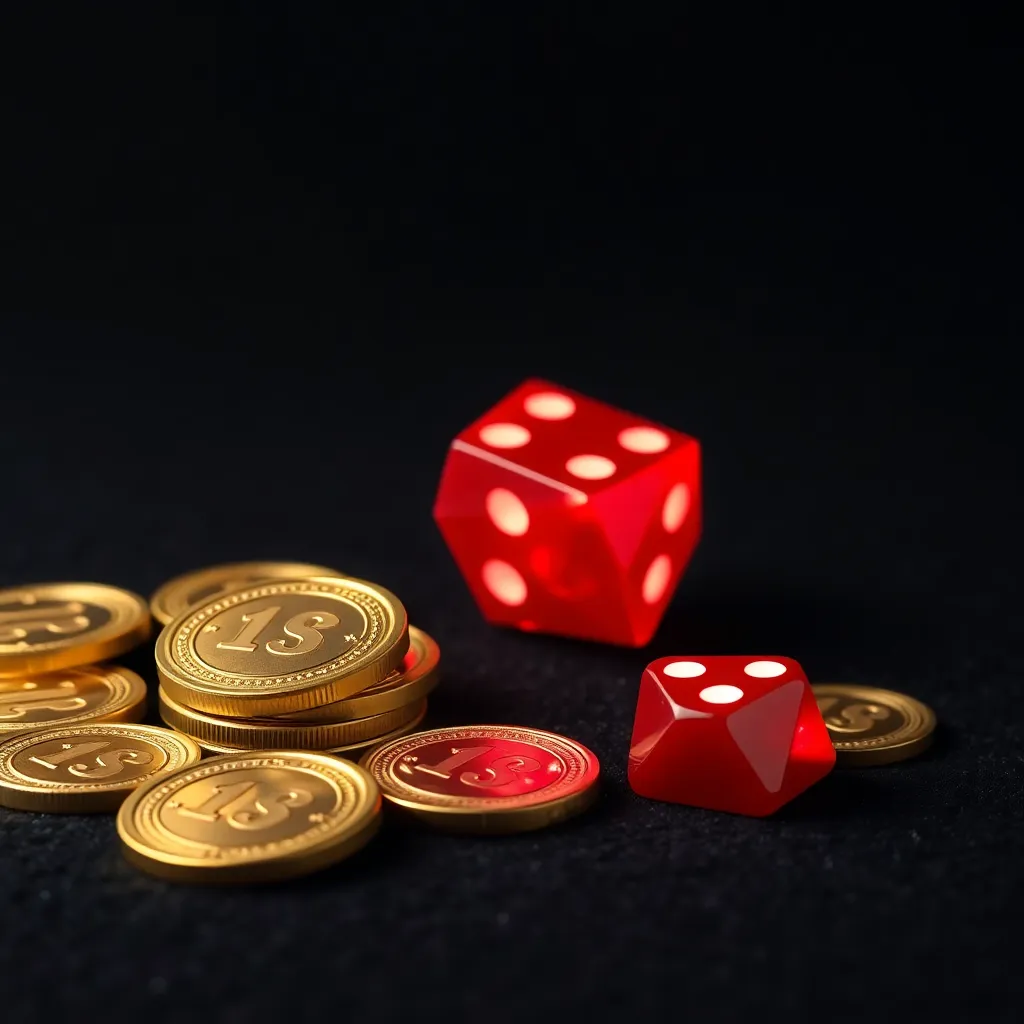 metallic gold jackpot coins and glowing red geometric dice on a dark casino felt background