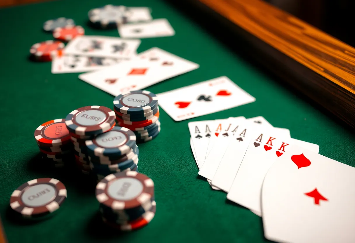 Texas Hold'em card poker table with clay tournament chips, dealt ace-king cards and wooden rail
